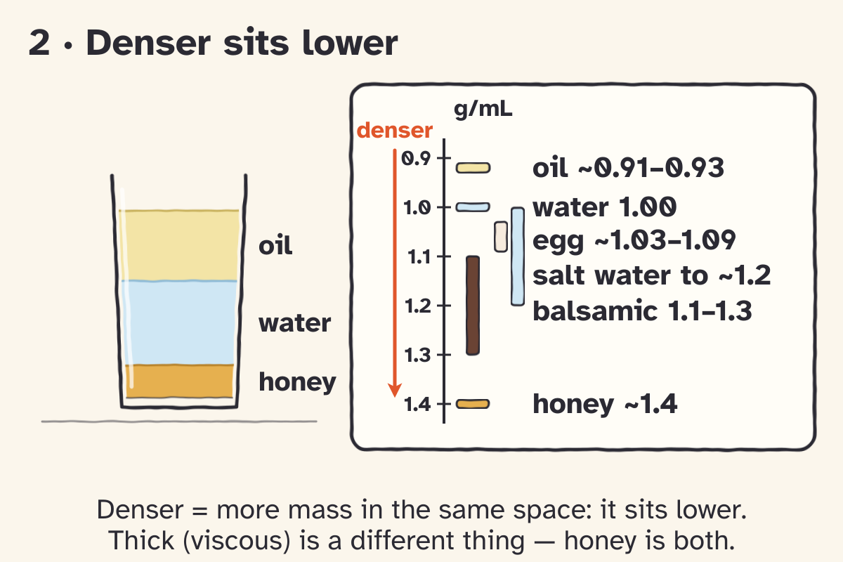 Sketch panel 2, Denser sits lower. A glass layered honey, water, oil next to a density ladder in g/mL: oil about 0.91 to 0.93, water 1.00, egg about 1.03 to 1.09, salt water up to about 1.2, balsamic 1.1 to 1.3, honey about 1.4, denser lower.
