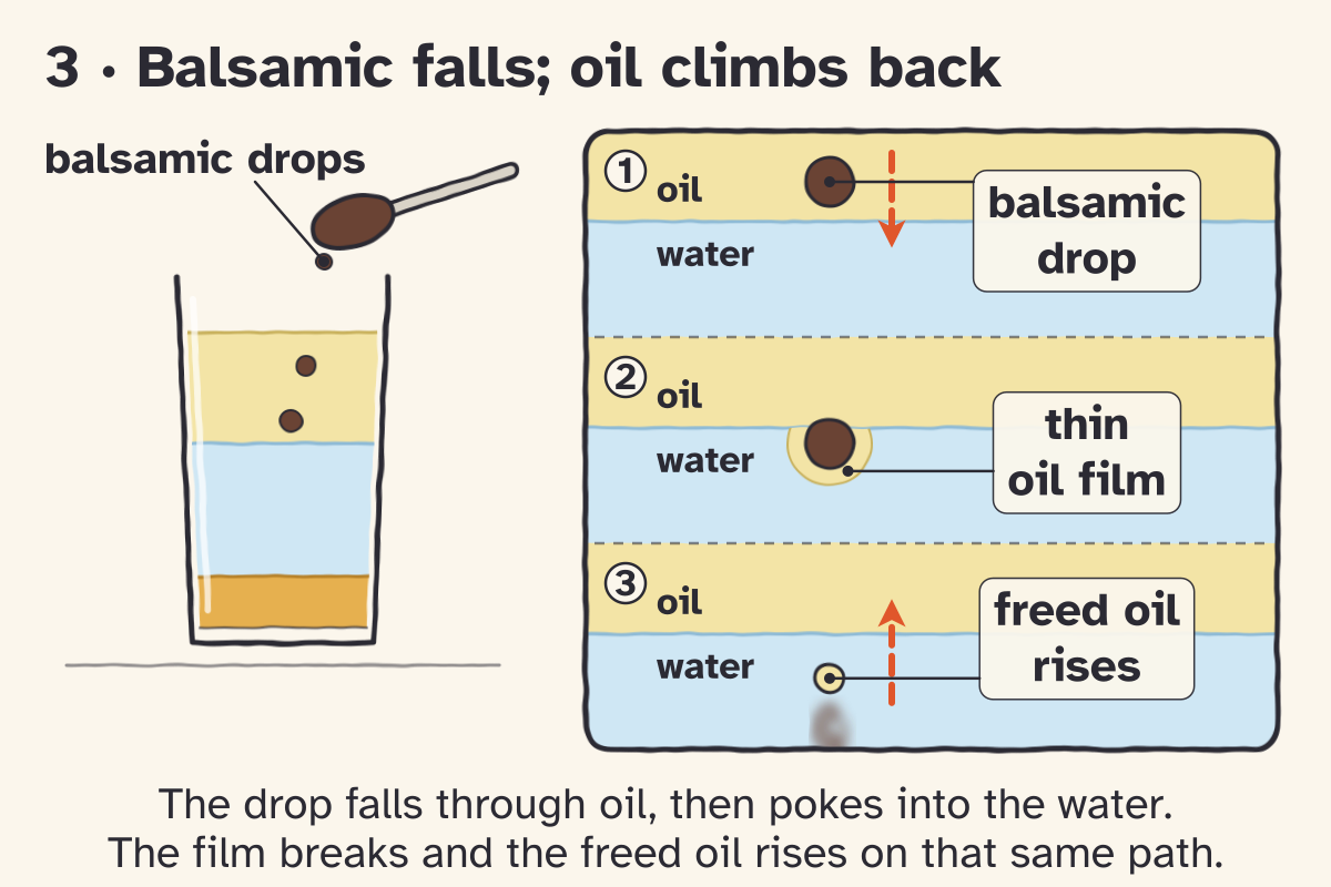 Sketch panel 3, Balsamic falls; oil climbs back. Three steps at the oil and water line: a balsamic drop sinks through oil, sits on a thin oil film at the water, then the film breaks, the vinegar mixes into the water and the freed oil rises back up.